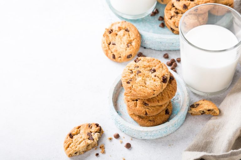 Chocolate. chip cookies on a plate with milk.